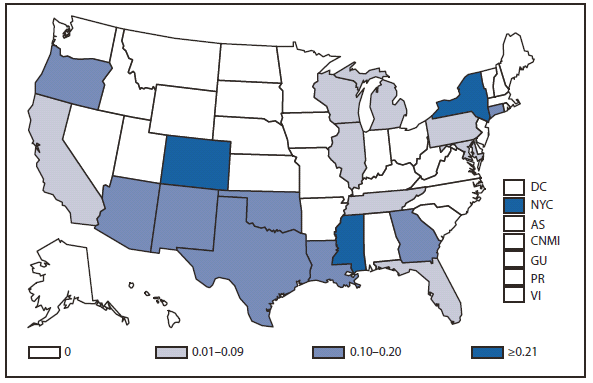INFLUENZA - This figure is a map of the United States and U.S. territories that presents the incidence range per 100,000 population of influenza-associated pediatric deaths in each state and territory in 2010.